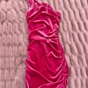 Katie J NYC Hot Pink Velvet Ruffled One-Shoulder Dress